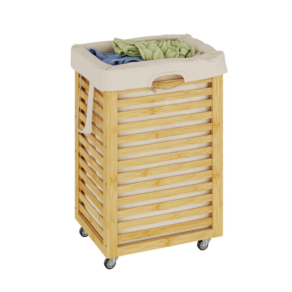 Bamboo Laundry Hamper with Wheels, Removable Liner Basket
