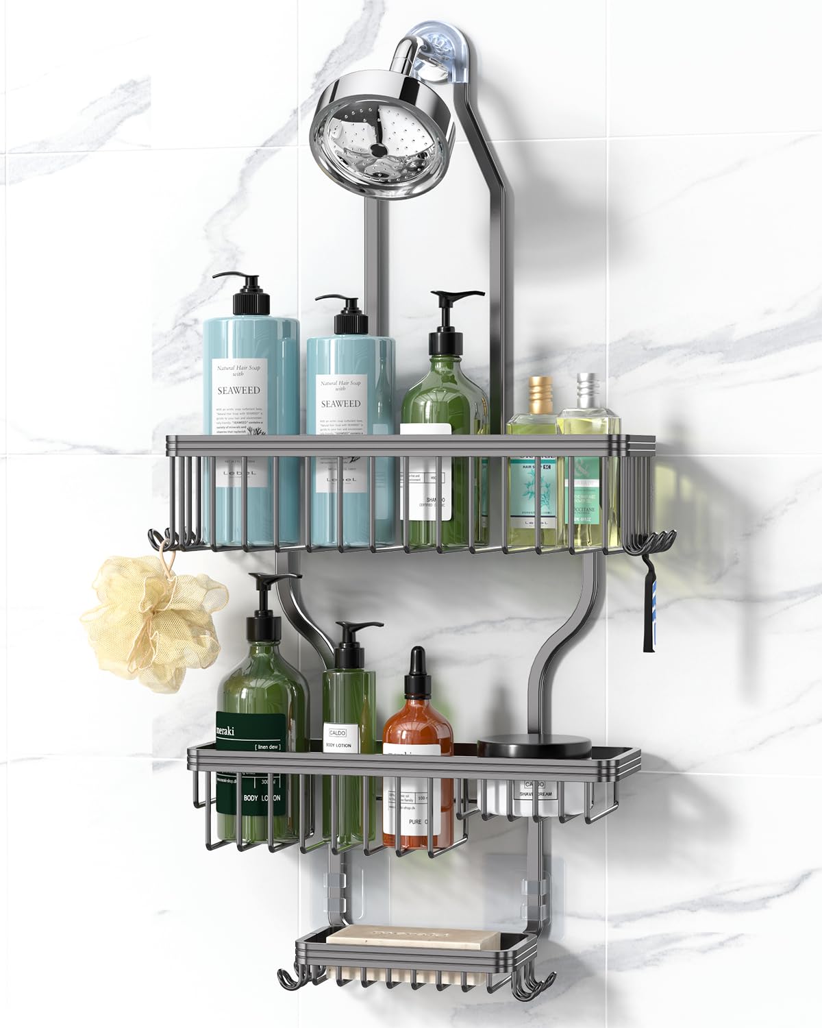 Aluminum Hanging Shower Caddy with Hooks and Soap Holder