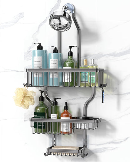 Aluminum Hanging Shower Caddy with Hooks and Soap Holder
