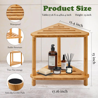 Bamboo Corner Shower Stool with Storage Shelf, 2 Tier Bench