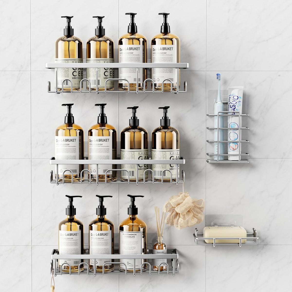 Adhesive Shower Caddy with Soap Holder, Rustproof Bathroom Shelf