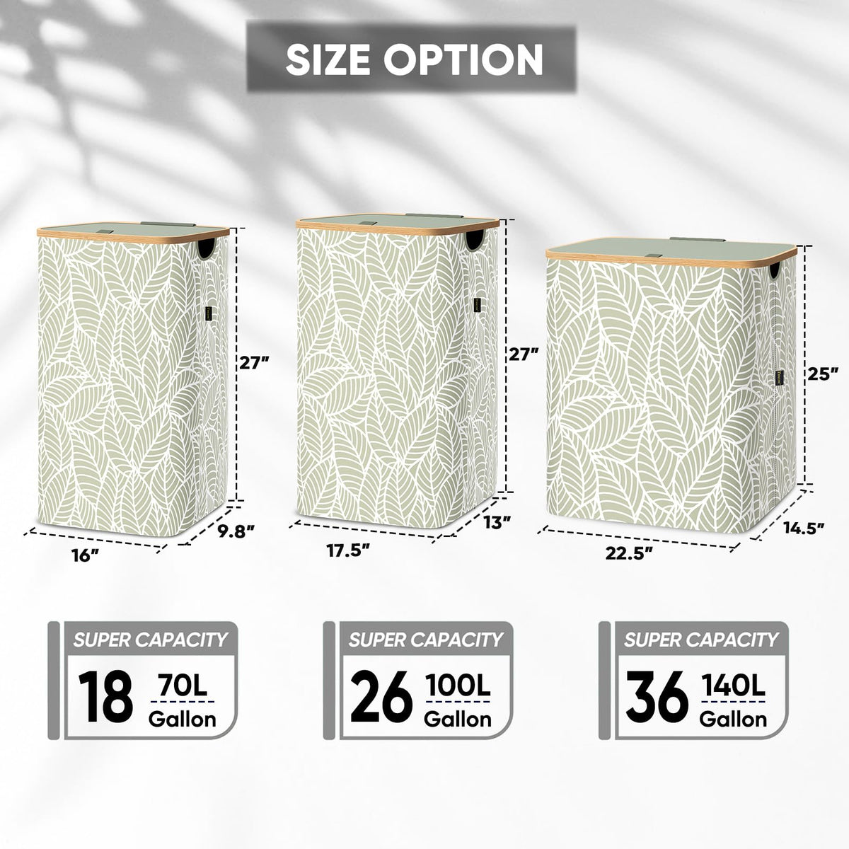 Laundry Hamper with Lid and Bamboo Handles, Tall Storage Basket