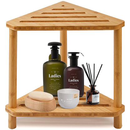 Bamboo Corner Shower Stool with Storage Shelf, 2 Tier Bench