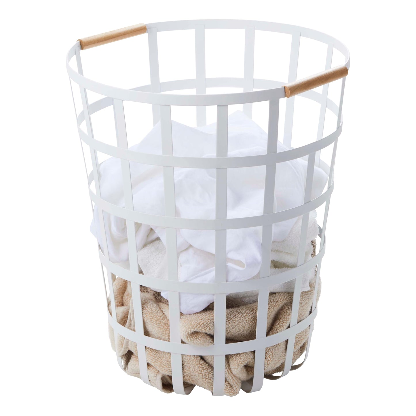 Round Laundry Basket with Steel Frame and Wood Handle