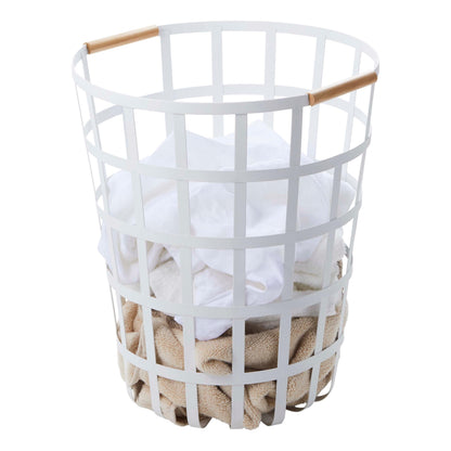 Round Laundry Basket with Steel Frame and Wood Handle