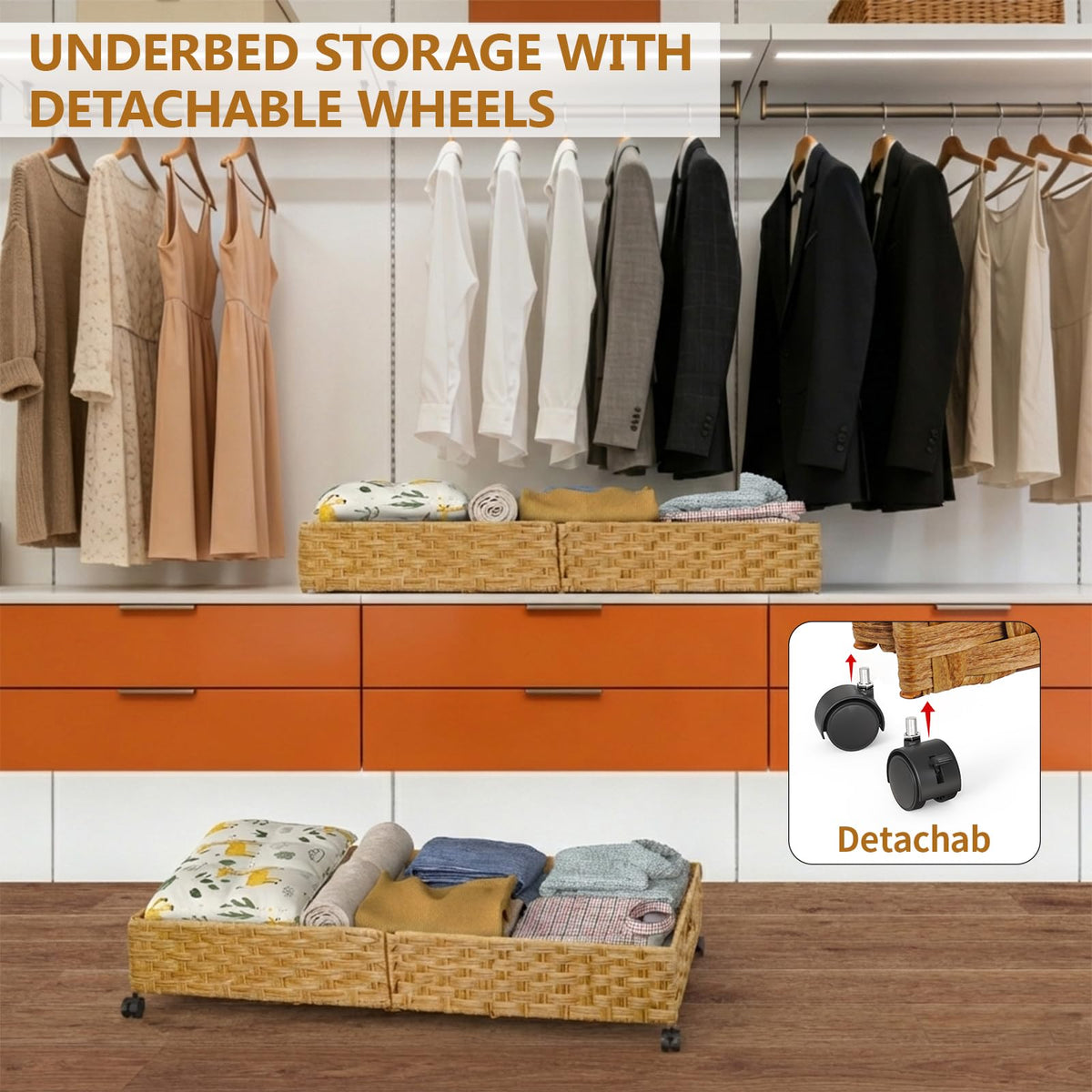 Gvztxoe Handwoven Rattan Underbed Storage with Wheels