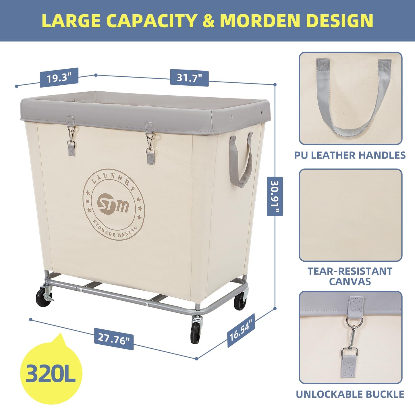 Industrial Laundry Hamper Cart with Wheels, Steel Frame