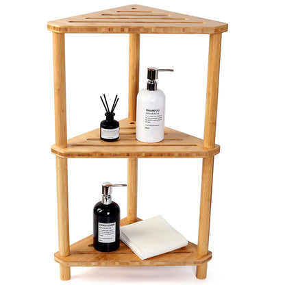 Bamboo Corner Shower Stool with Storage Shelf, 2 Tier Bench