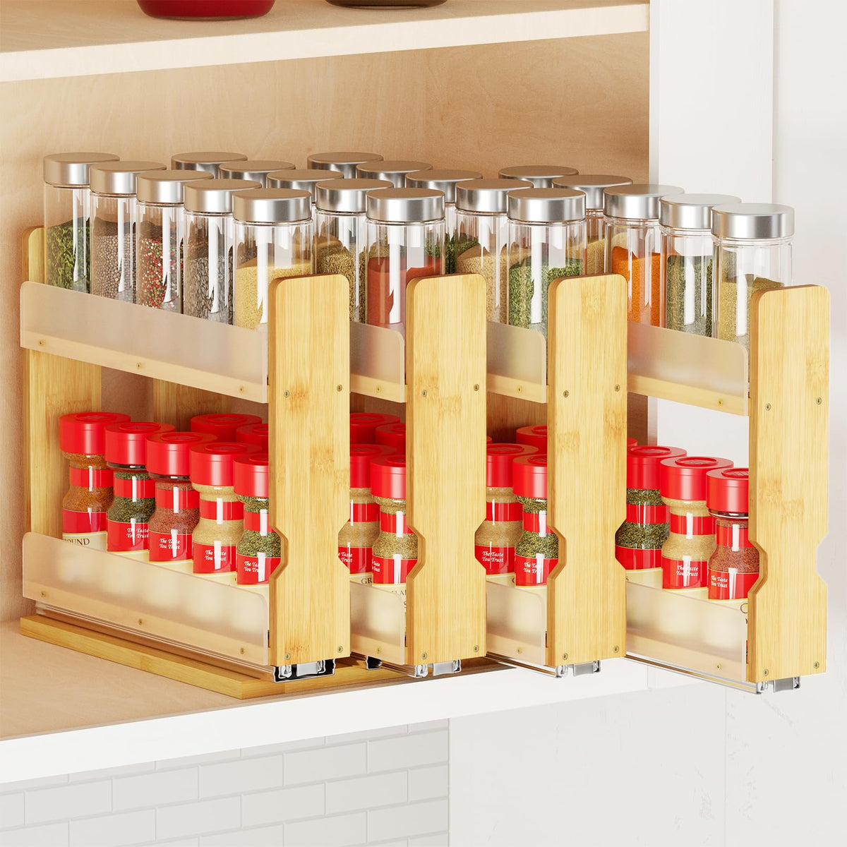 Bamboo Pull Out Spice Rack Organizer, Sliding Cabinet Storage