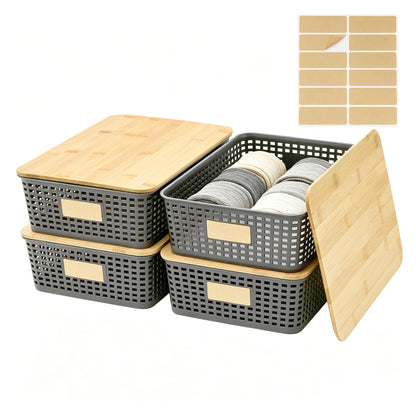 Plastic Storage Bins with Bamboo Lids, Stackable Organizer Boxes