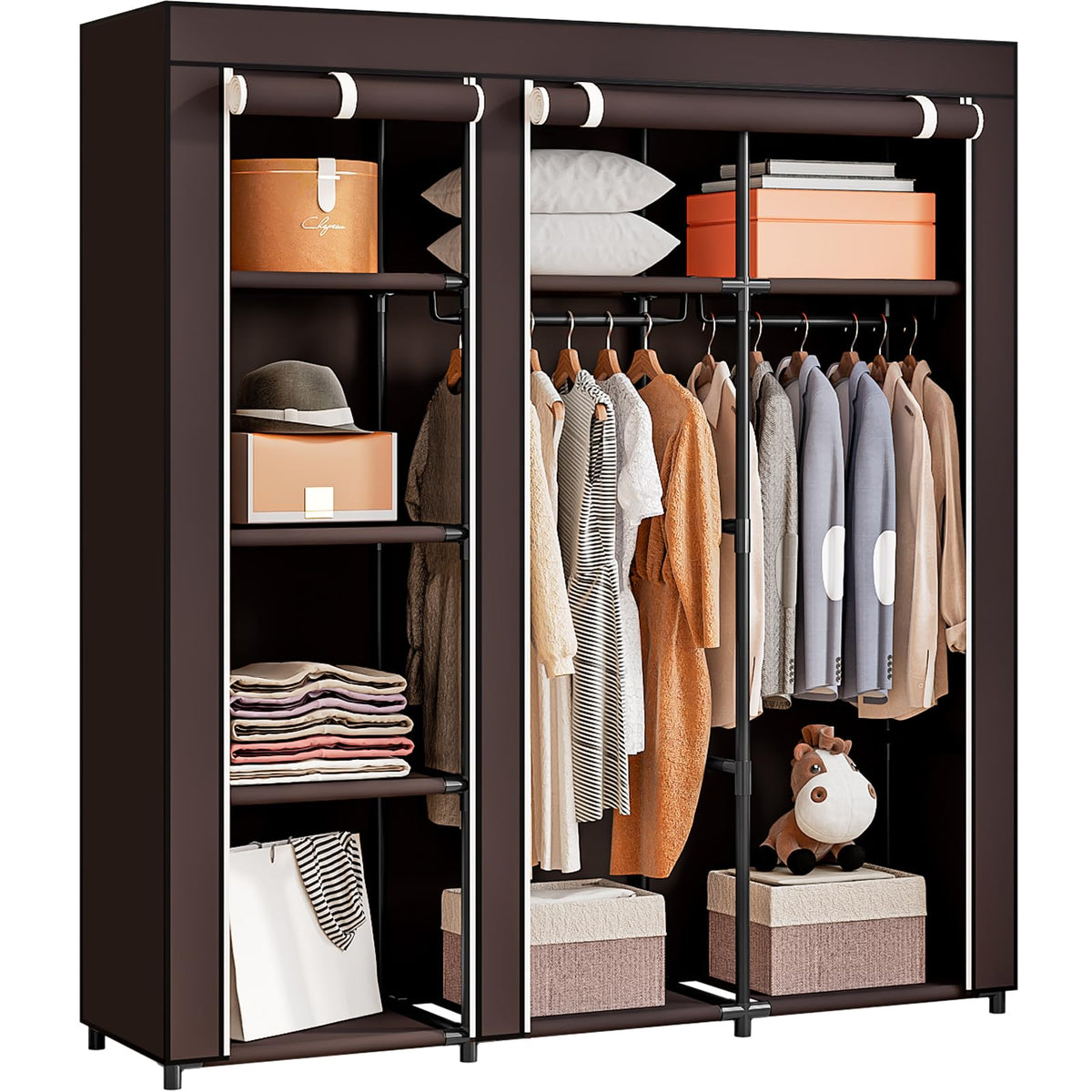 Portable Wardrobe Closet with Metal Hanging Rack Storage