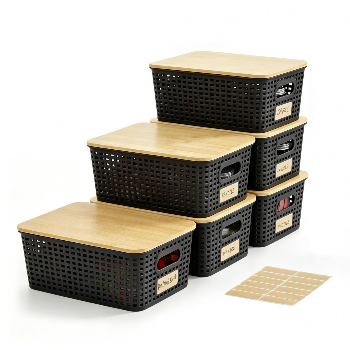 Plastic Storage Bins with Bamboo Lids, Stackable Organizer Boxes