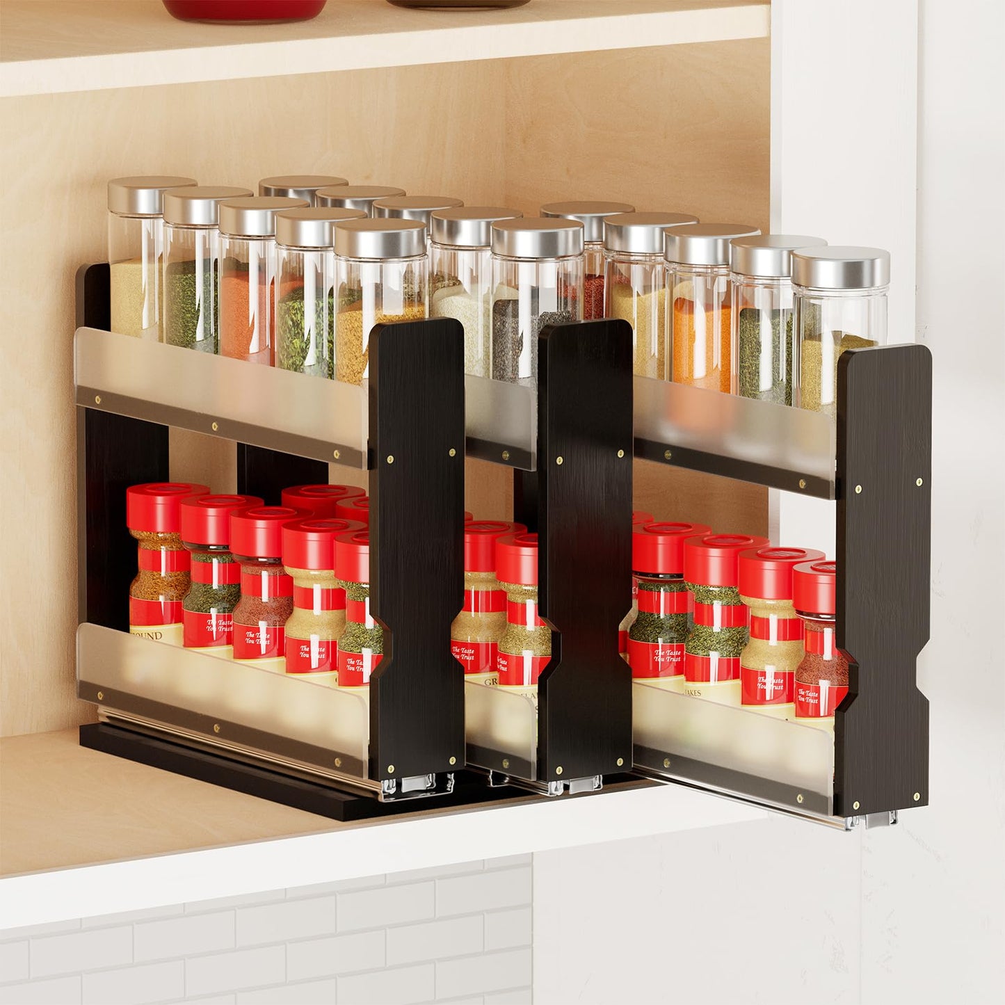 Bamboo Pull Out Spice Rack Organizer, Sliding Cabinet Storage