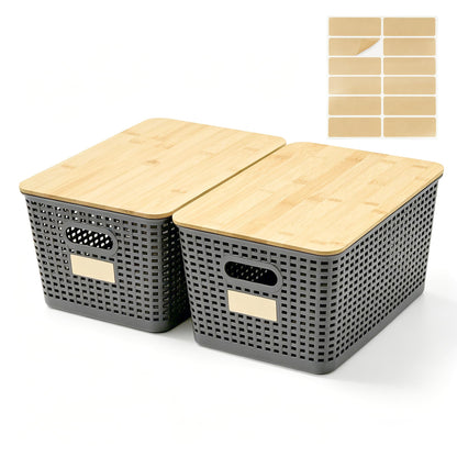 Plastic Storage Bins with Bamboo Lids, Stackable Organizer Boxes