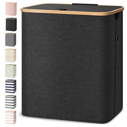 Laundry Hamper with Lid and Bamboo Handles, Tall Storage Basket