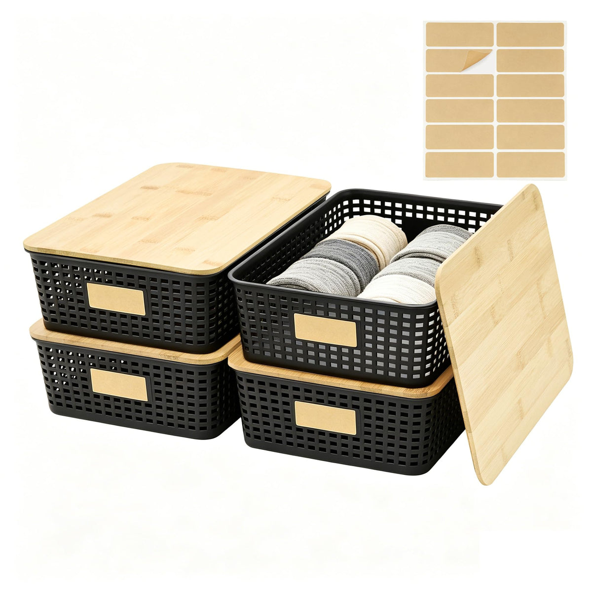 Plastic Storage Bins with Bamboo Lids, Stackable Organizer Boxes