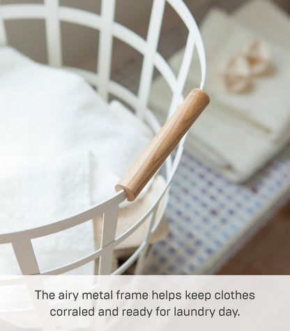 Round Laundry Basket with Steel Frame and Wood Handle