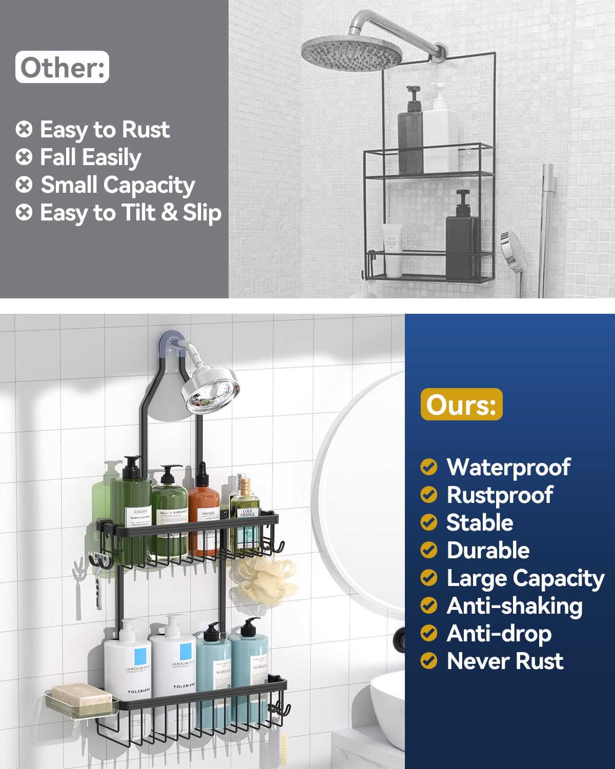 Aluminum Hanging Shower Caddy with Hooks and Soap Holder