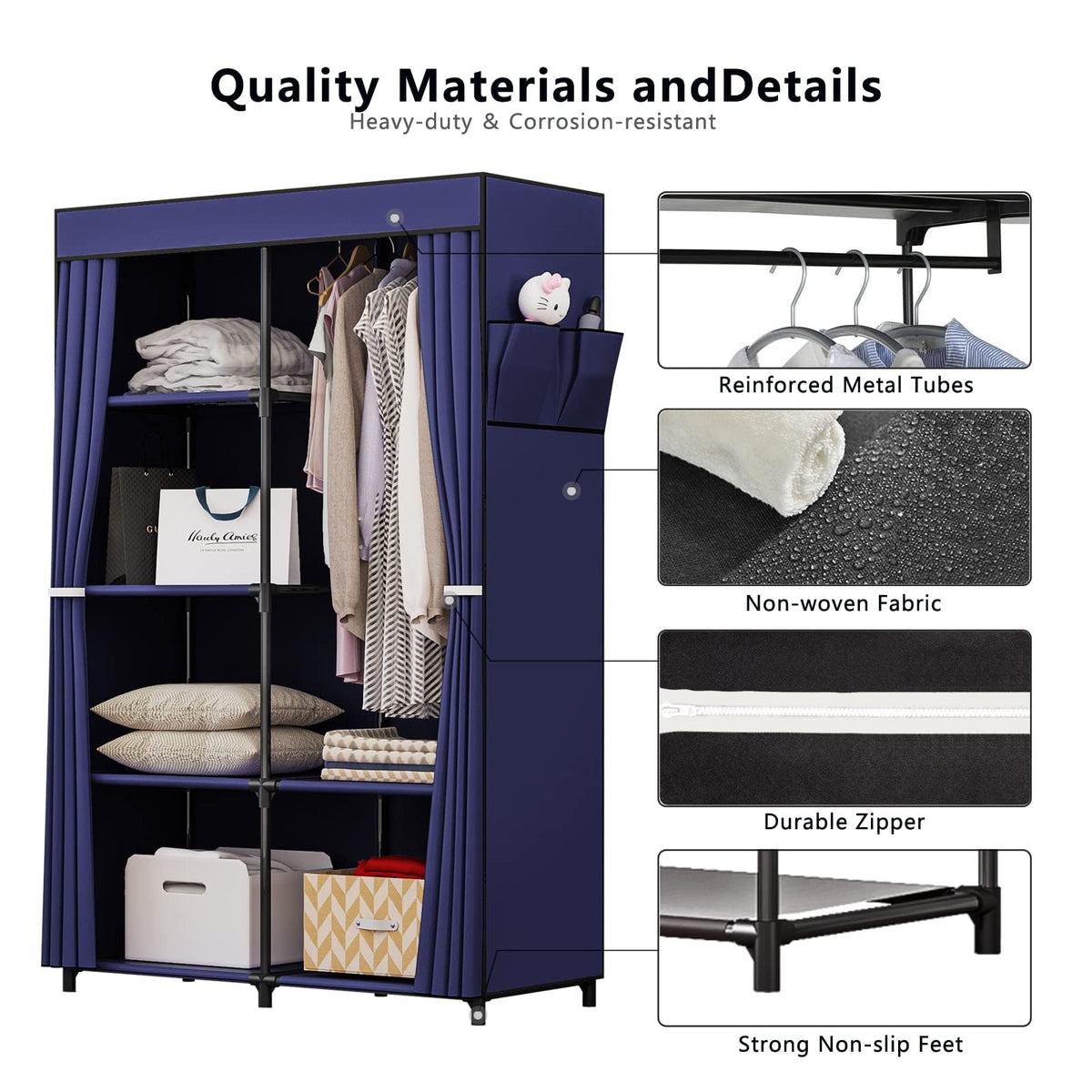 Portable Wardrobe Closet with Metal Hanging Rack Storage