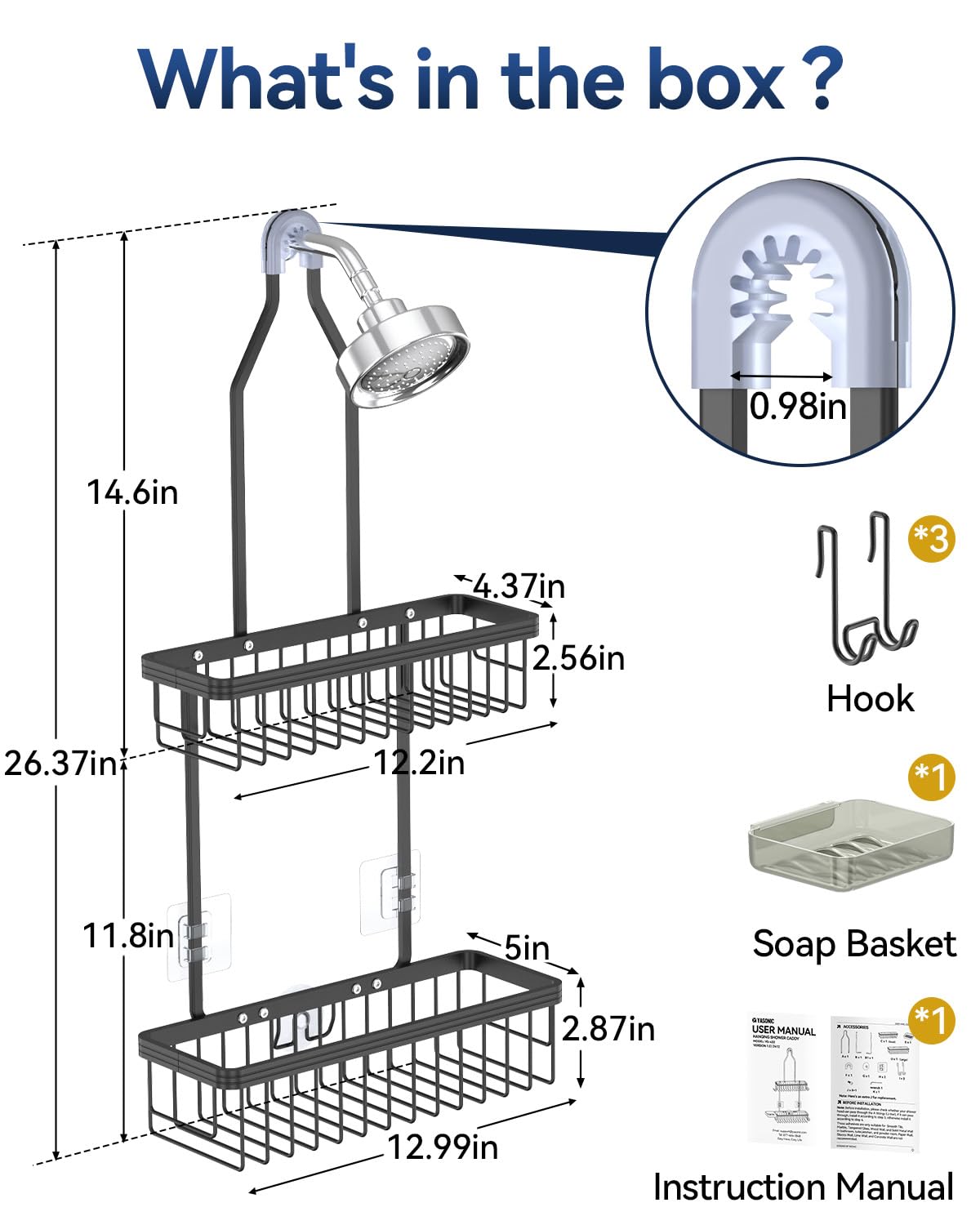 Aluminum Hanging Shower Caddy with Hooks and Soap Holder
