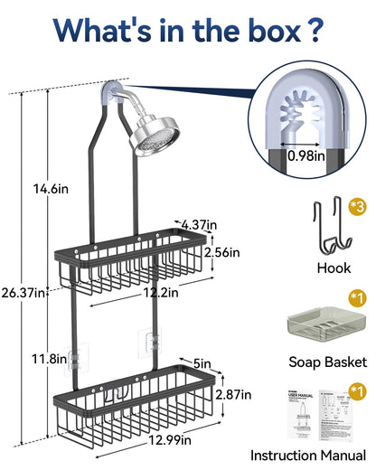 Aluminum Hanging Shower Caddy with Hooks and Soap Holder