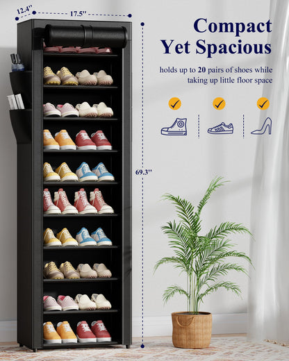 Kitsure 10-Tier Shoe Rack with Cover, Vertical Shelf