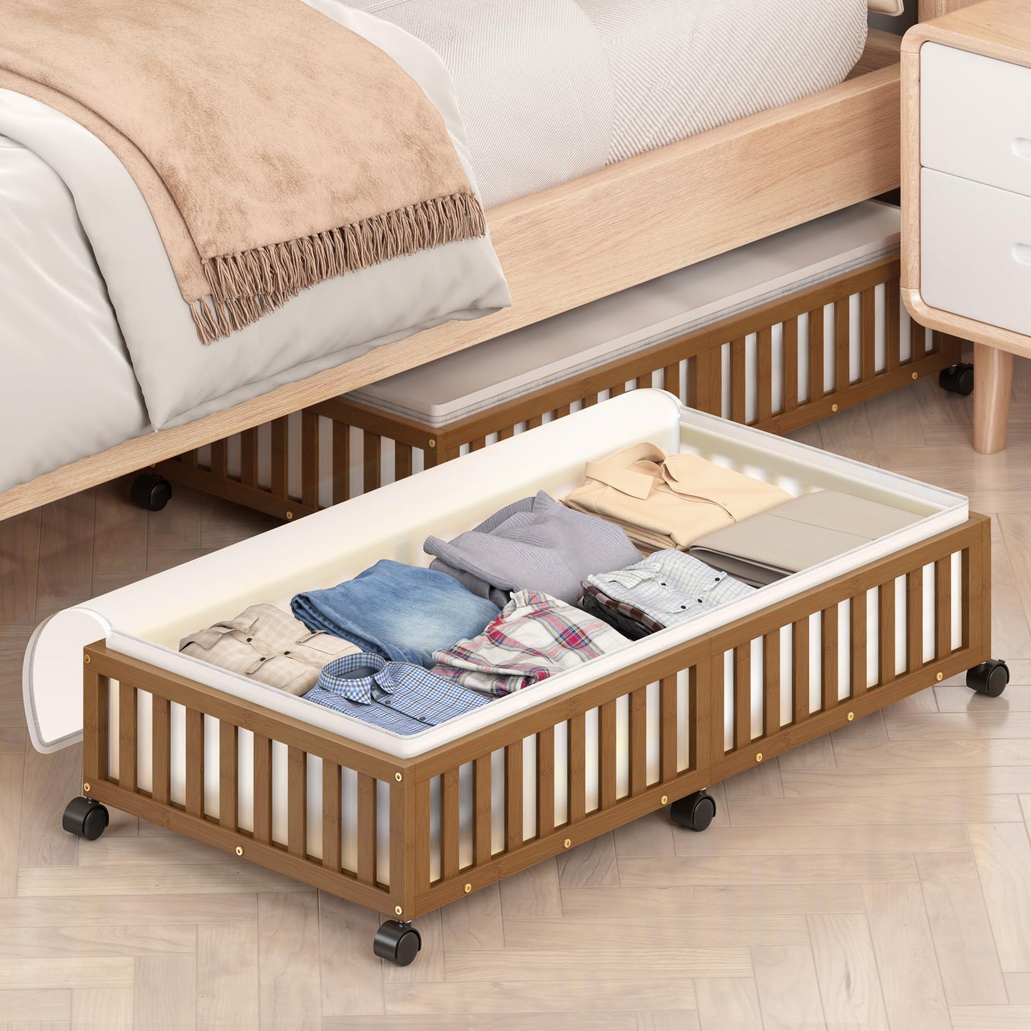 Bamboo Under Bed Storage with Wheels, Rolling Organizer