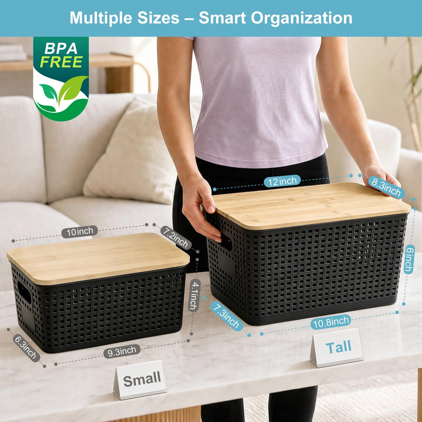 Plastic Storage Bins with Bamboo Lids, Stackable Organizer Boxes