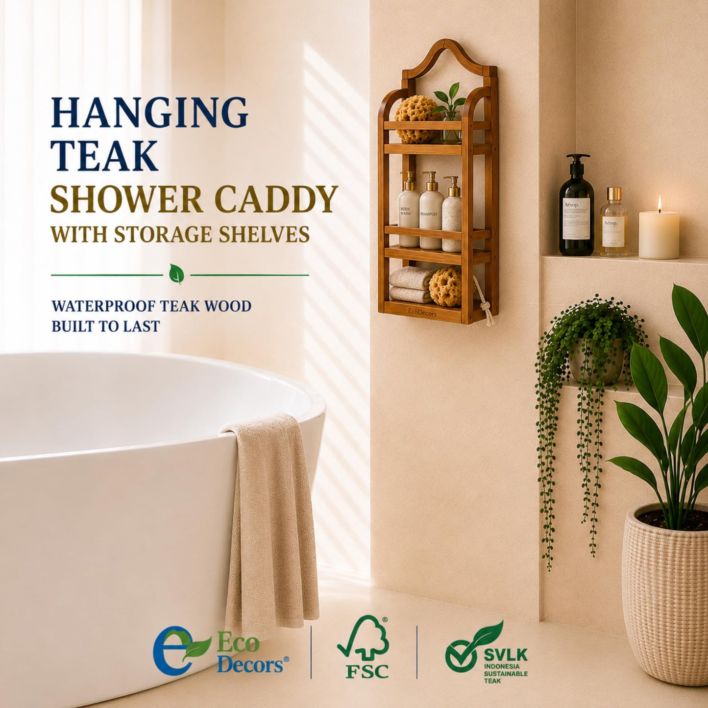 Wall Mount Teak Shower Caddy, Bathroom Storage Shelf
