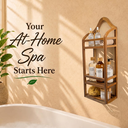 Wall Mount Teak Shower Caddy, Bathroom Storage Shelf