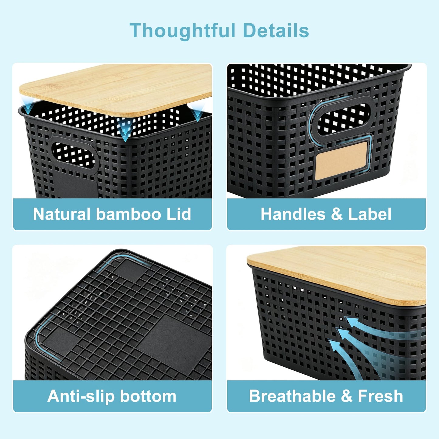 Plastic Storage Bins with Bamboo Lids, Stackable Organizer Boxes