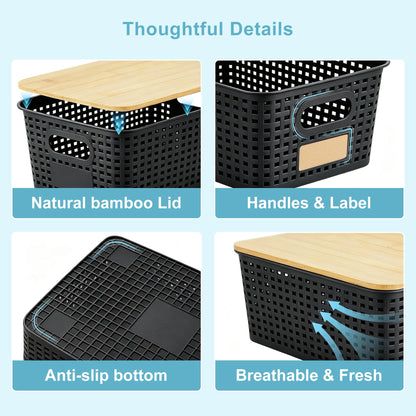 Plastic Storage Bins with Bamboo Lids, Stackable Organizer Boxes