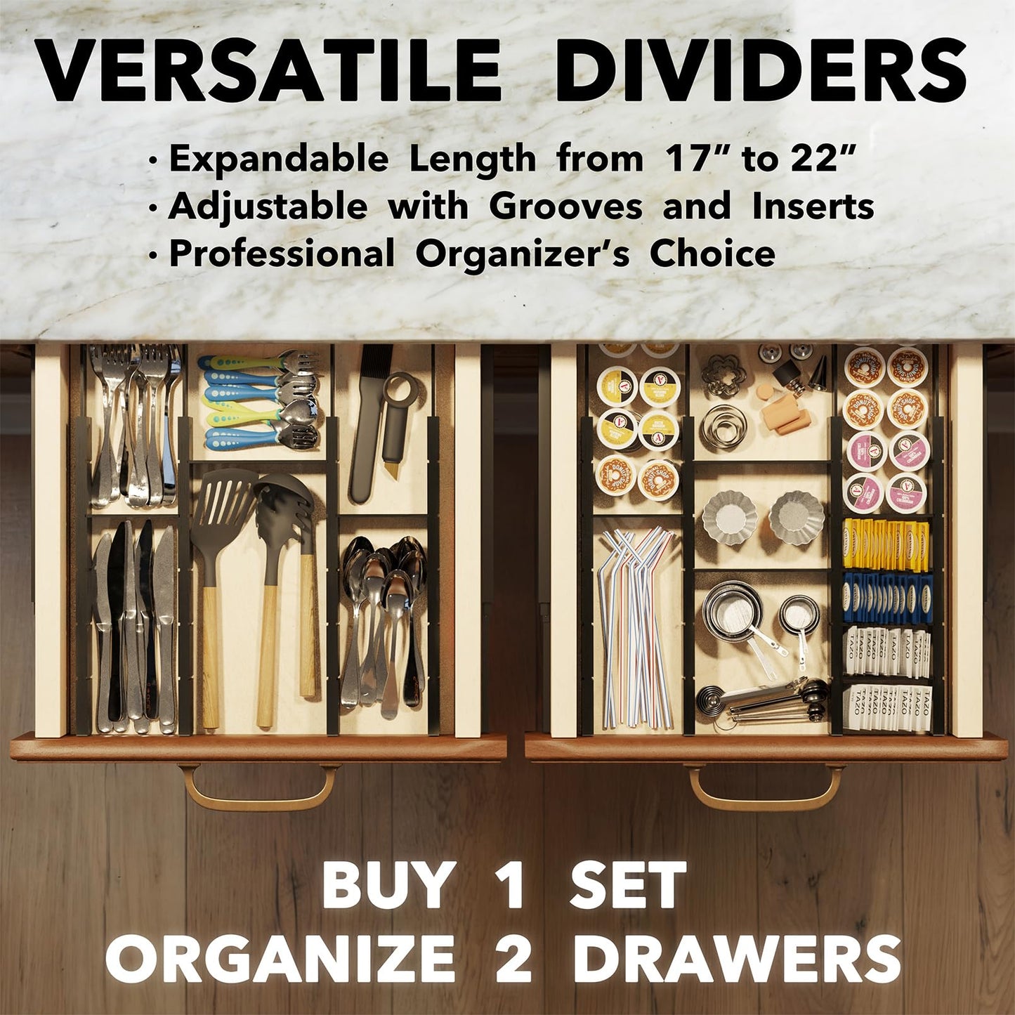 Bamboo Drawer Dividers with Labels, Adjustable Organizer Inserts