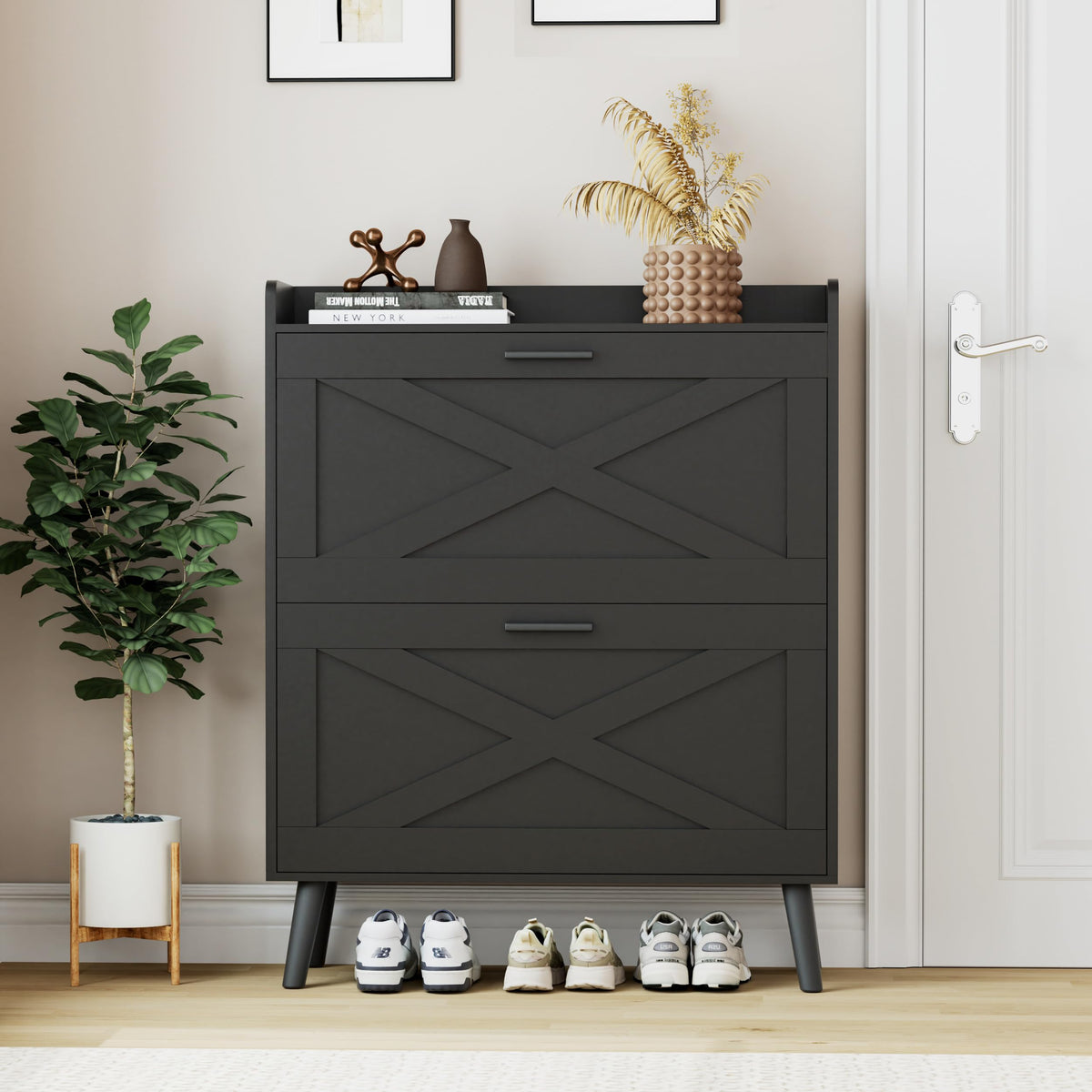 Farmhouse Shoe Storage Cabinet with Flip Drawers and Doors