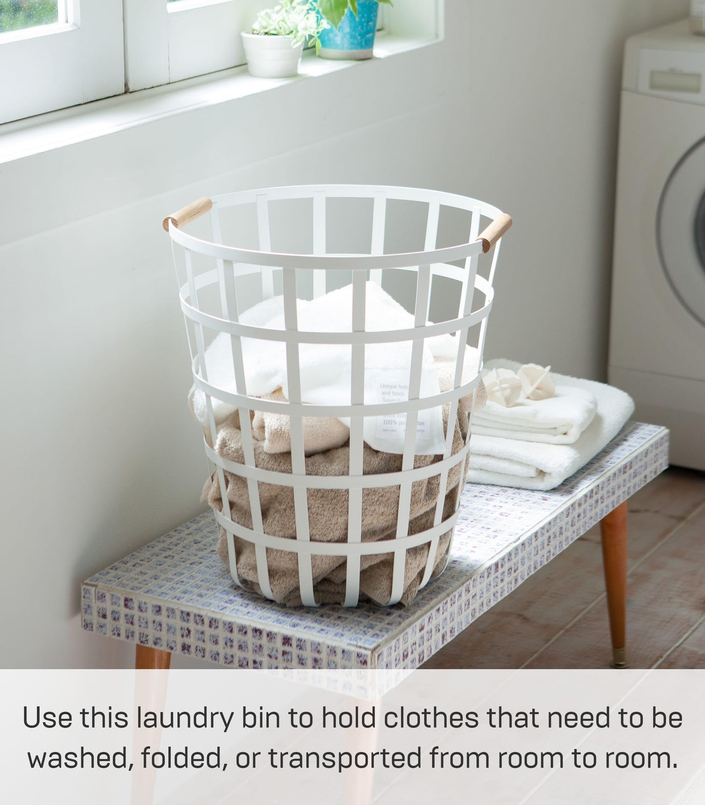 Round Laundry Basket with Steel Frame and Wood Handle