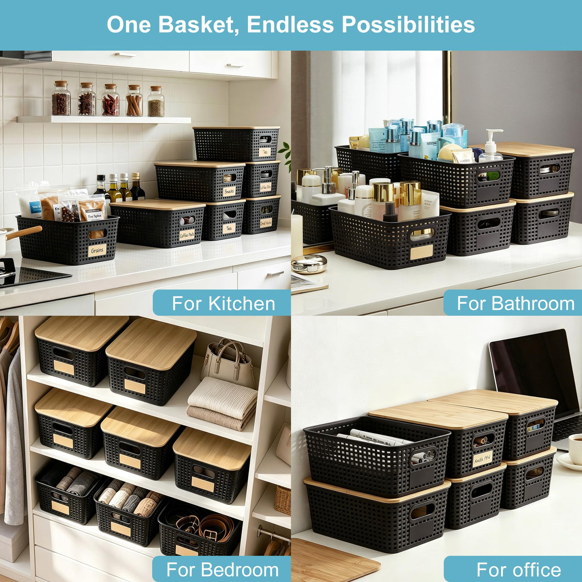 Plastic Storage Bins with Bamboo Lids, Stackable Organizer Boxes