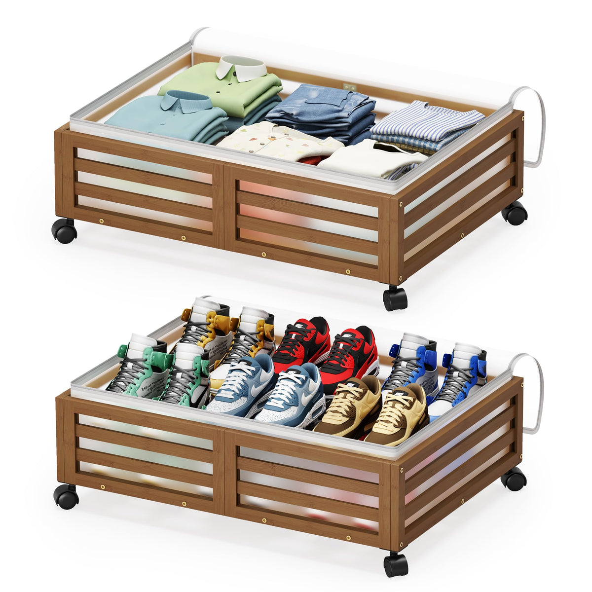 Under Bed Storage Bins with Wheels, Bamboo Shoe Organizer