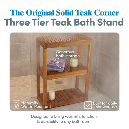 Teak Shower Stand with 3 Tier Shelf, Bathroom Organizer Rack