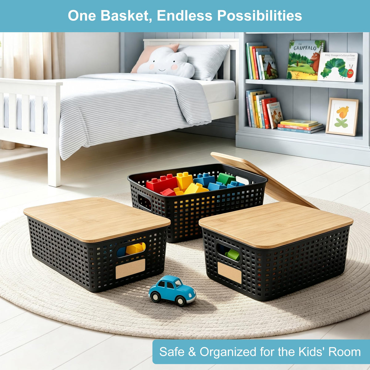 Plastic Storage Bins with Bamboo Lids, Stackable Organizer Boxes