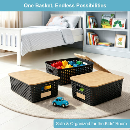 Plastic Storage Bins with Bamboo Lids, Stackable Organizer Boxes