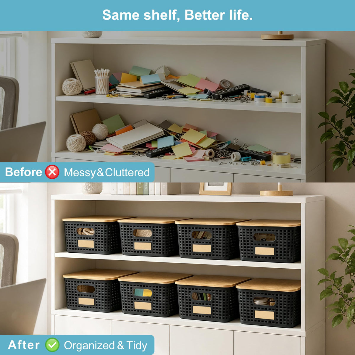 Plastic Storage Bins with Bamboo Lids, Stackable Organizer Boxes