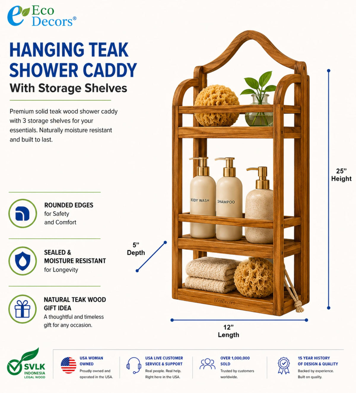 Wall Mount Teak Shower Caddy, Bathroom Storage Shelf