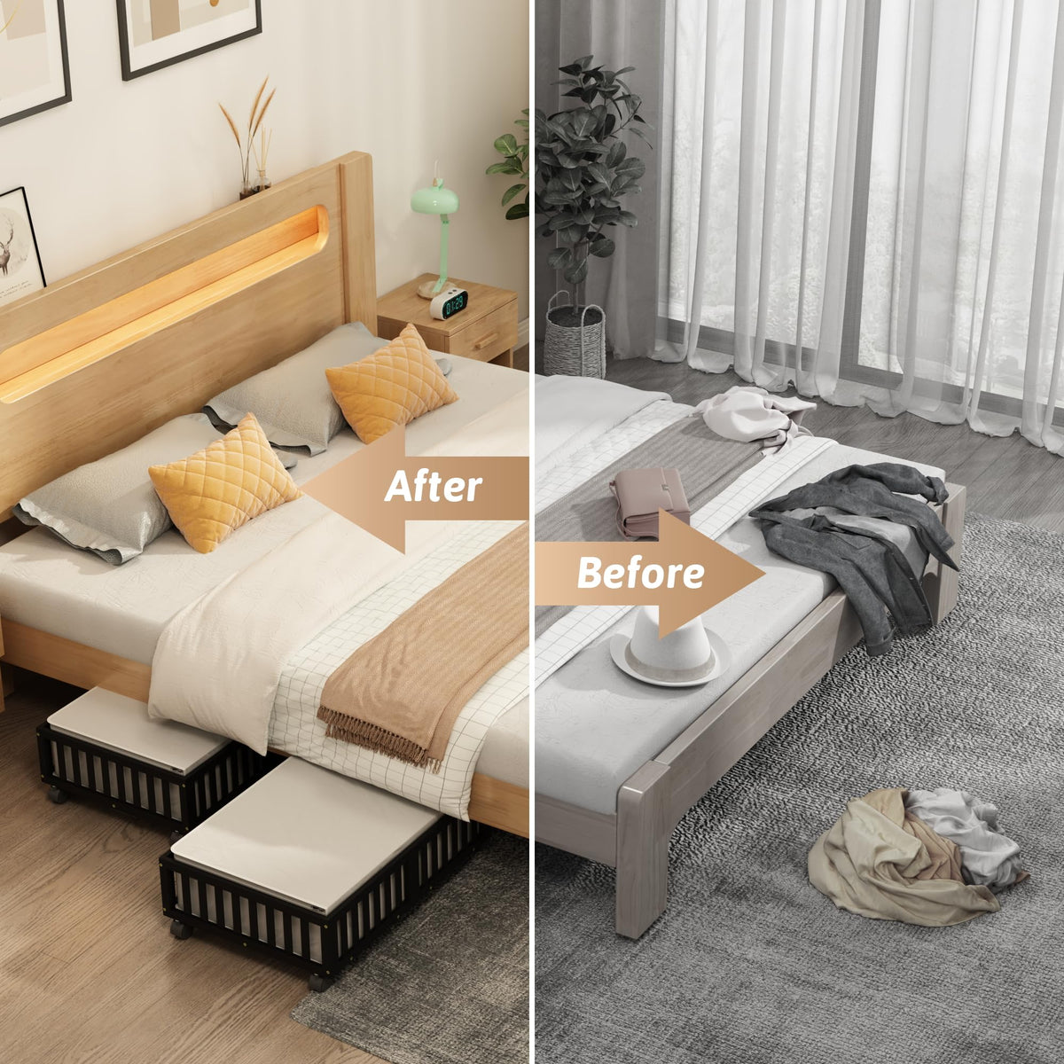 Bamboo Under Bed Storage with Wheels, Rolling Organizer
