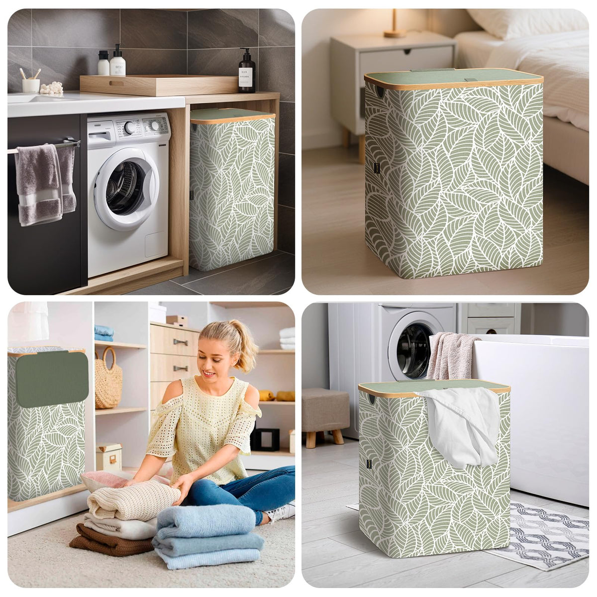 Laundry Hamper with Lid and Bamboo Handles, Tall Storage Basket