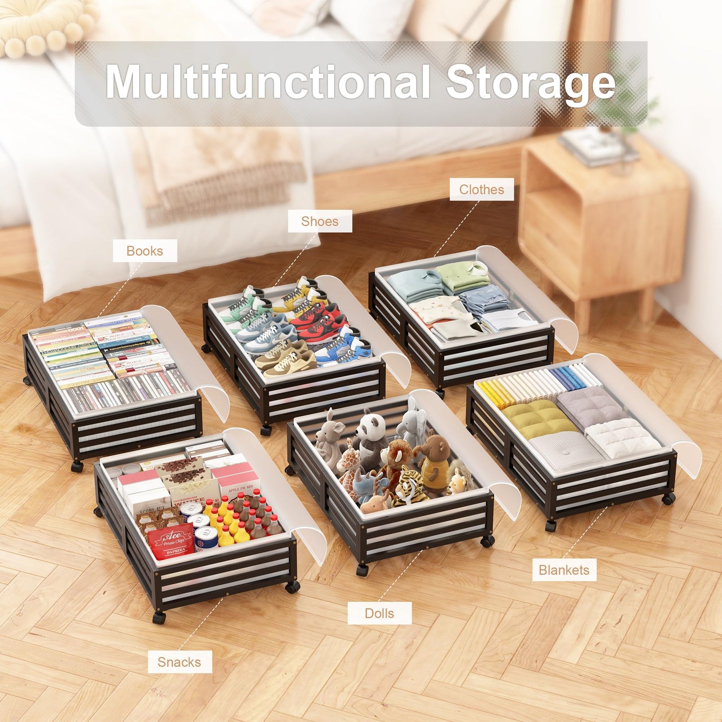 Under Bed Storage Bins with Wheels, Bamboo Shoe Organizer