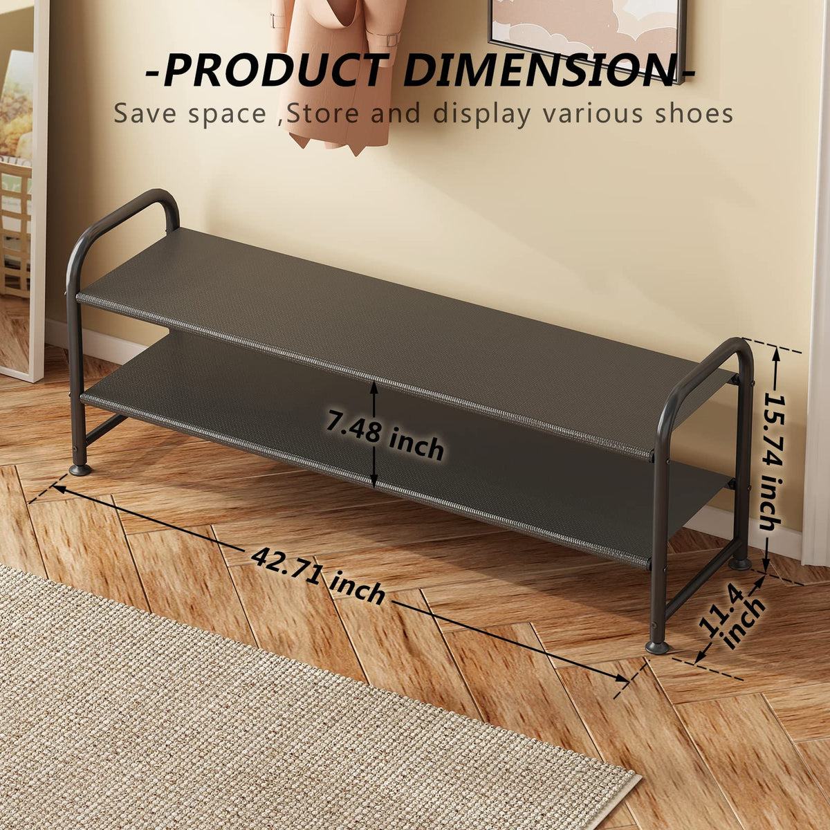 3 Tier Long Shoe Rack, Stackable Wide Storage Shelf