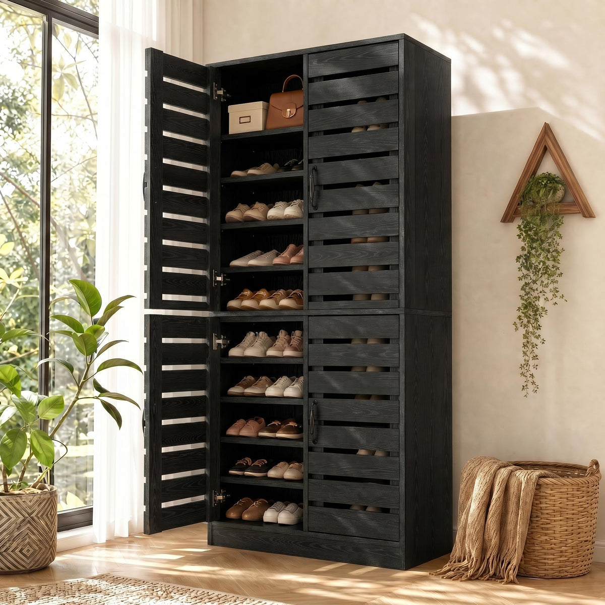 Tall Shoe Cabinet with Doors and Adjustable Storage Shelves