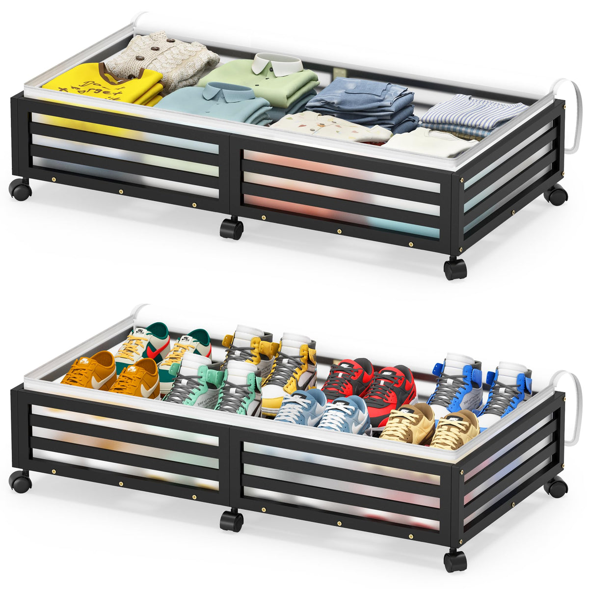 Under Bed Storage Bins with Wheels, Bamboo Shoe Organizer