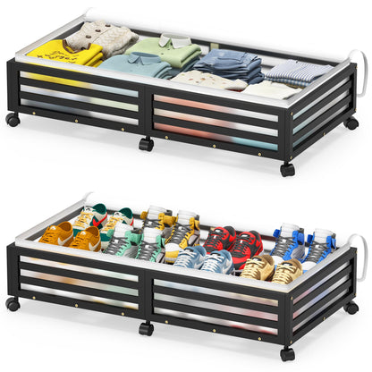 Under Bed Storage Bins with Wheels, Bamboo Shoe Organizer