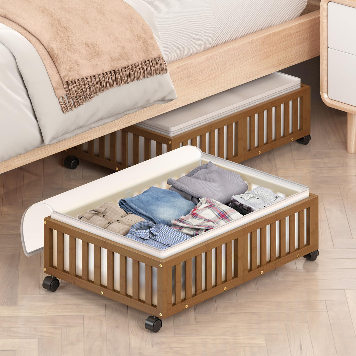 Bamboo Under Bed Storage with Wheels, Rolling Organizer